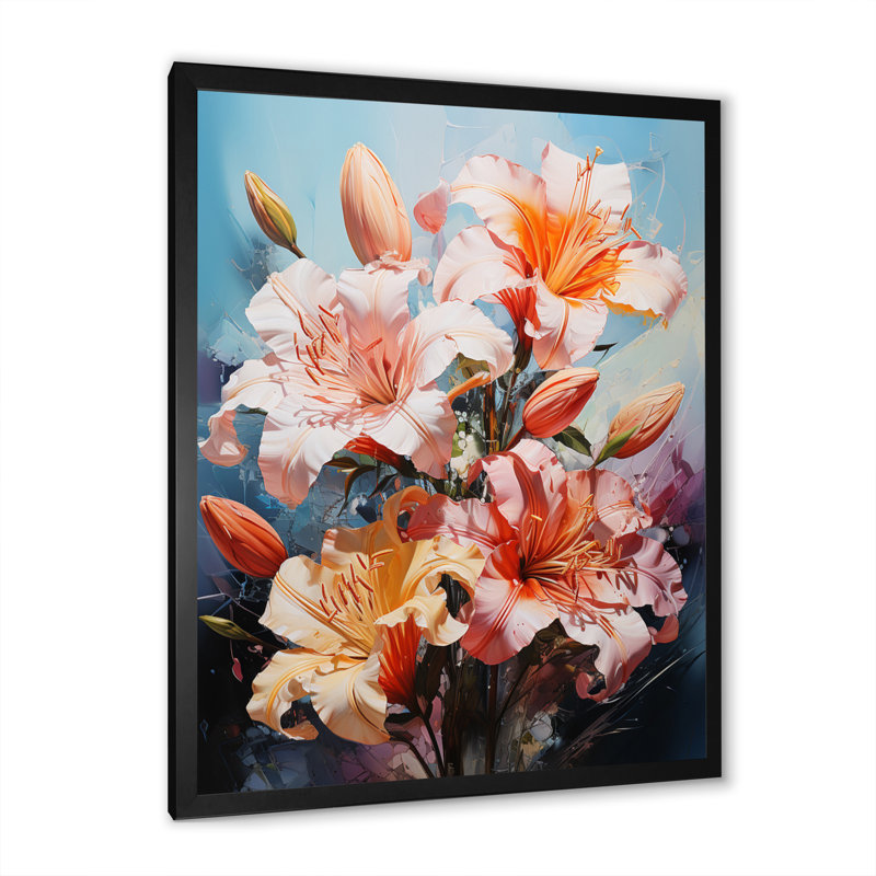 Représentation de lys, acrylique multicolore sur toile, Cadre photo noir, H 20 po x l 12 po x P 1 po