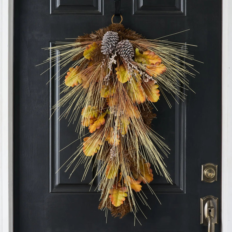 Bleached Wheat Grass, Pinecone & Autumn Oak Leaf Fall Front Door Swag
