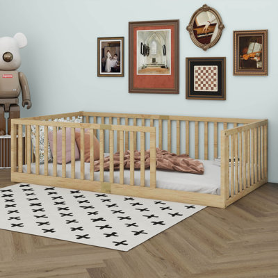Twin Size Floor Bed With High Fence Railings, Safety Guardrails