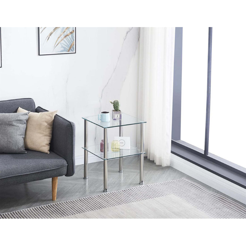 2-Piece Clear Side Table Set with 2-Tier Design, Modern Night Stand and Sofa Table with Storage Shelve for Various Living Spaces