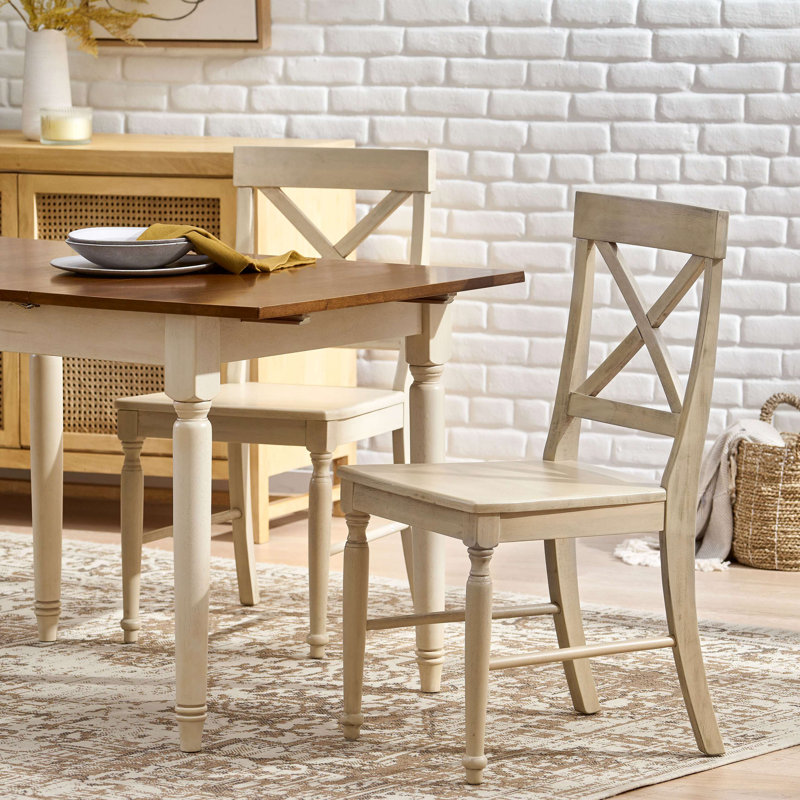 Ensemble de 2 chaises de cuisine en bois d'acacia, Blanc antique