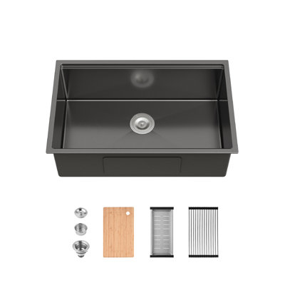 Évier de cuisine en acier inoxydable, lavabo simple encastré à la main noir de 30 po x 19 po avec planche à découper et passoire