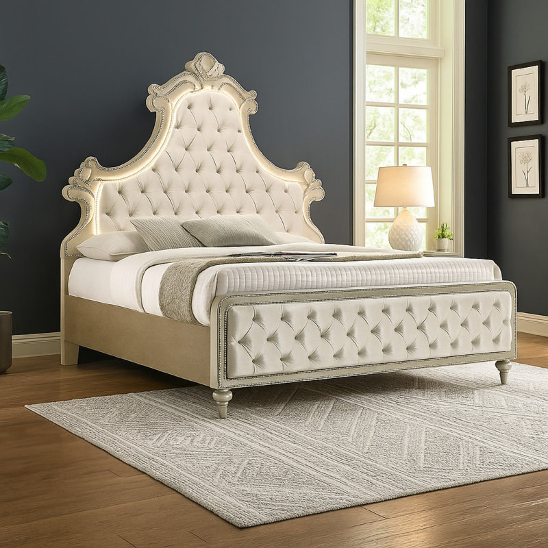 Lit oriental avec DEL, velours beige, Grand