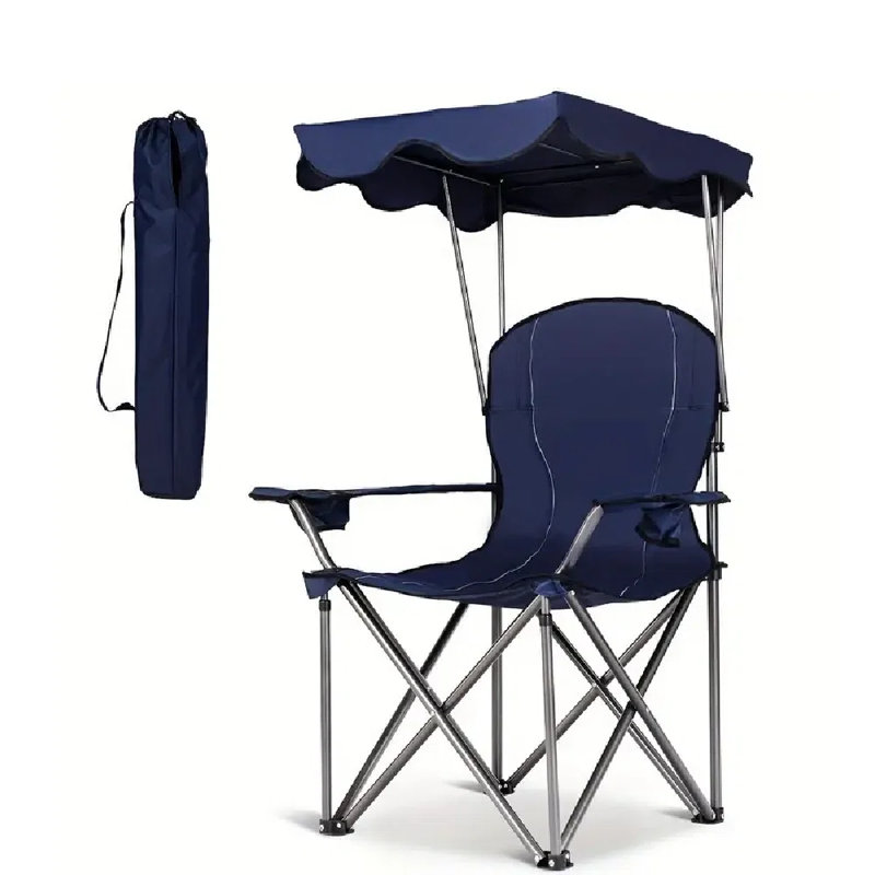 Chaise pliante portative avec auvent de plage et sac pour porte-gobelet, Bleu