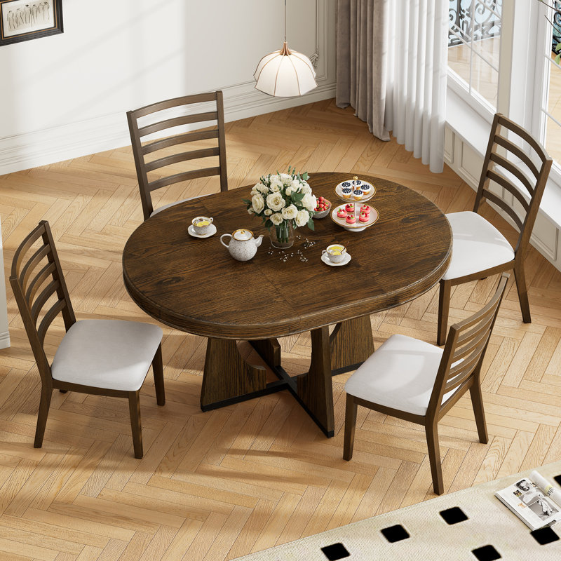 Hervey 5-Piece Retro Rustic Functional Dining Set Unique Geometric Design,Round Table Top with Leaf,dinning table set, Walnut