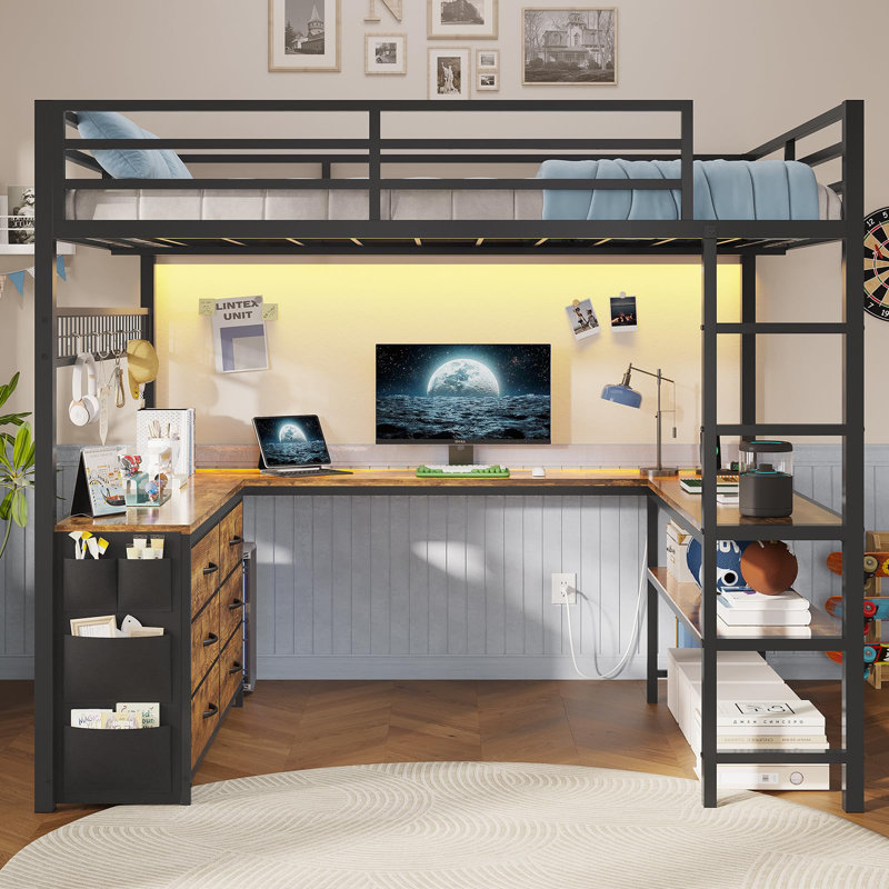 Absarokee Loft Bed Full Size With U-shaped Desk, 6 Storage Drawers, Power Outlet, Led Metal Loft Bed With 2 Storage Shelves, Bed With Safety Guardrail & Ladders, No Box Spring Needed