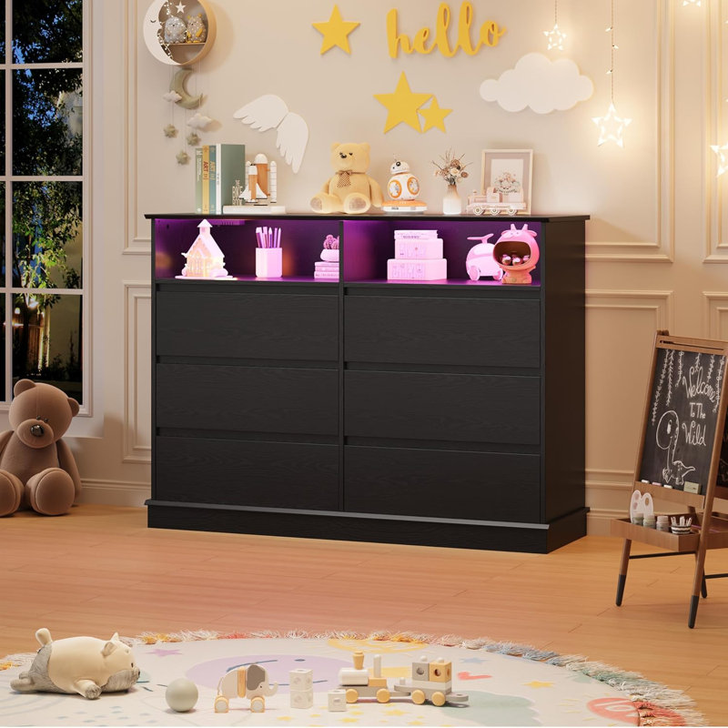 6 Drawer Dresser for Bedroom with LED Lights & Charging Station, Wide Chest of 6 Drawers with Open Storage Shelf for Living Room