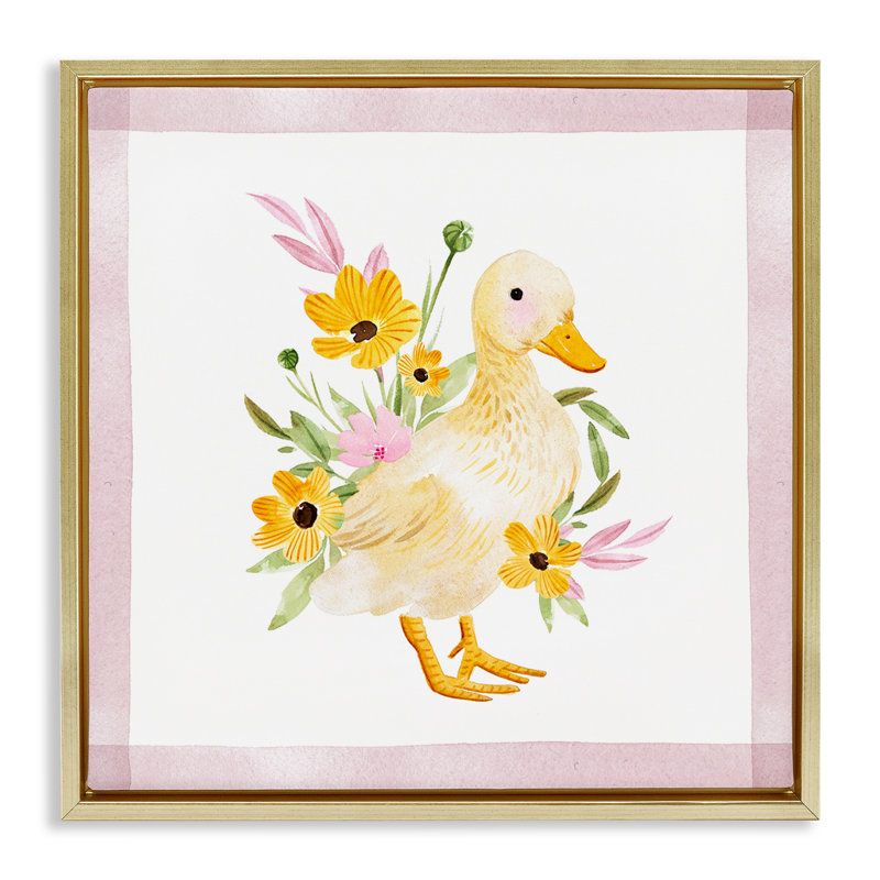 "Duck & Yellow Daisies", art mural par Enya Todd, Cadre flottant métallique doré, H 18 po x l 18 po x P 1,7 po