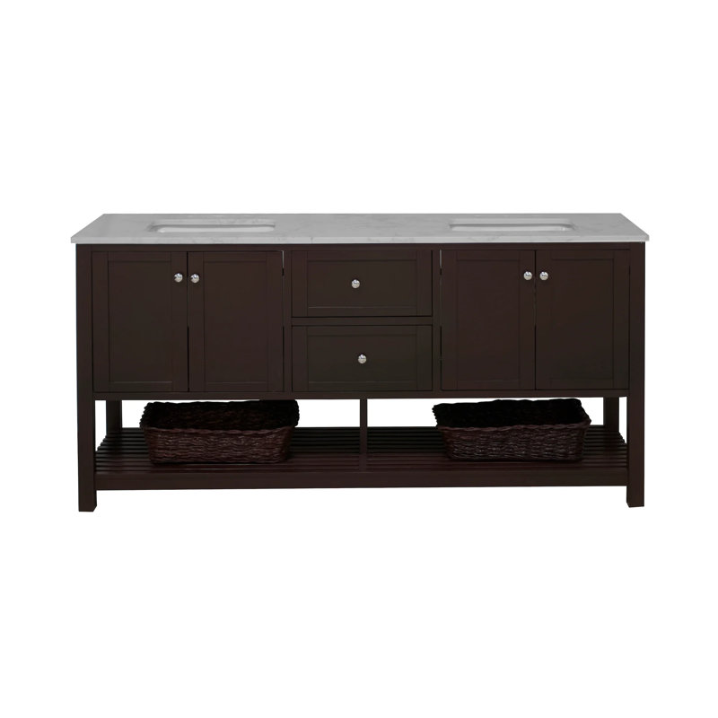 Binne 72'' Double Bathroom Vanity with Top, Engineered Carrara, Chocolate