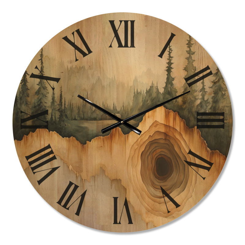 Horloge murale ronde Golden Timber Rings - Grande horloge de style ferme, imprimée sur bois, Large