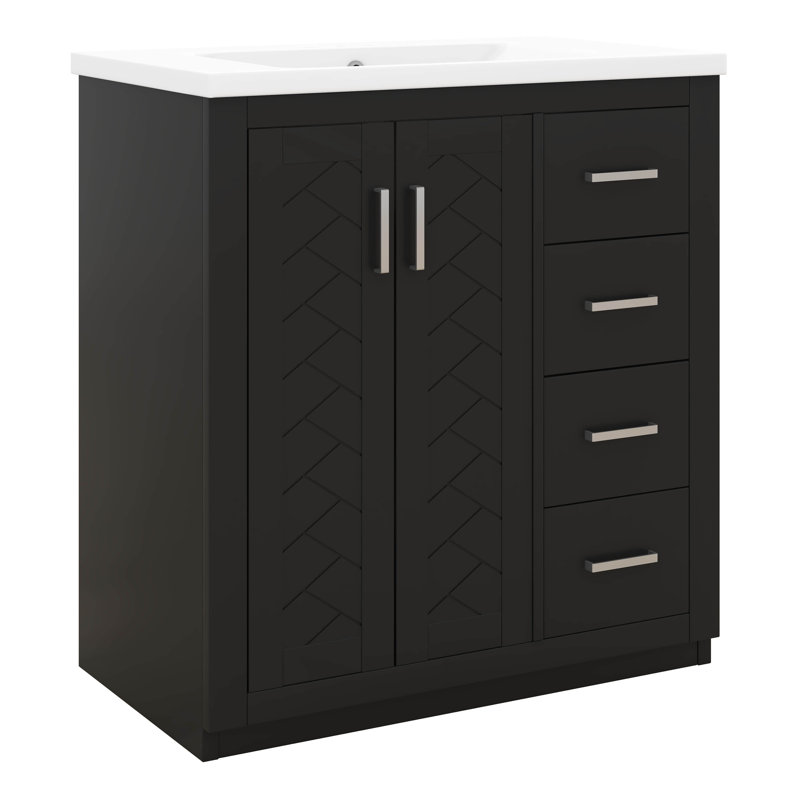 Meuble-lavabo de salle de bain 30 po avec lavabo, meuble-lavabo autoportant moderne avec 2 portes et 3 tiroirs, conception élégante à chevrons
