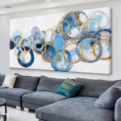 Abstract Wall Art Maximalist Canvas Wall Art Decor Prints Blue Gold Circle Modern Abstract Wall Decor Artwork For Living Room Bedroom Kitchen Office Artwork Ready To Hang 24" × 48"