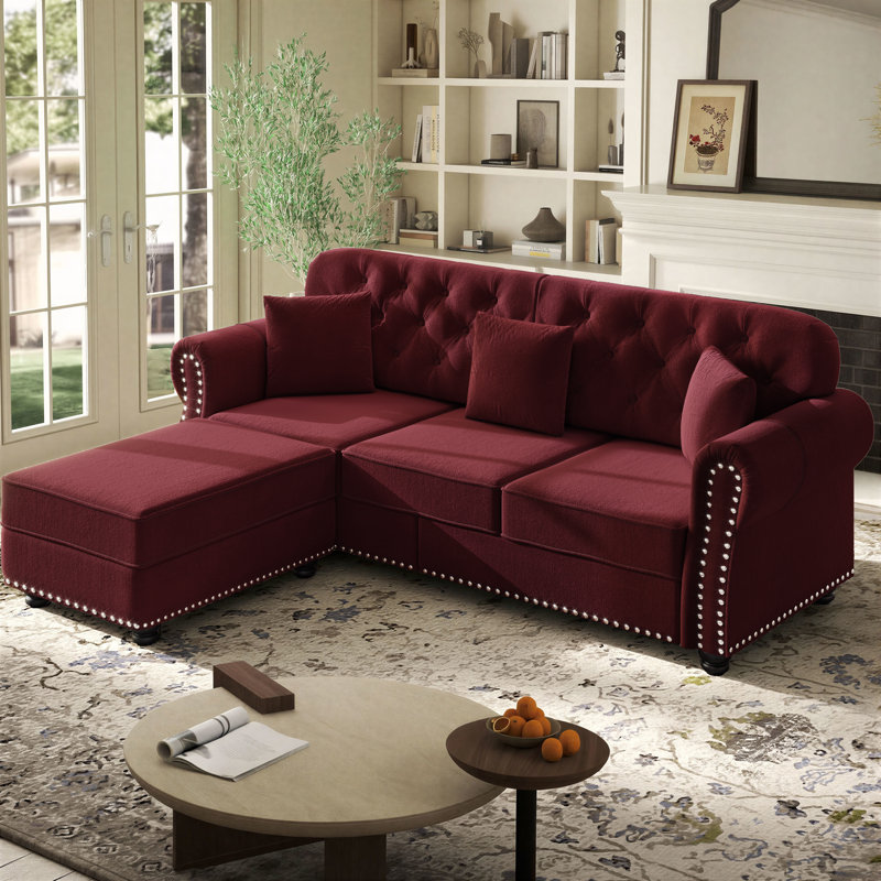 Canapé modulaire en velours de campagne avec repose-pieds Annalease Chesterfield, 33 po H x 82 po L x 29 po P, Rouge