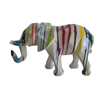 Geometric Resin Elephant Statue with Multicolor Drip Art 22"x8"x12"H