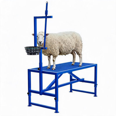 Heavy Duty 600 LBS Goat Stand with Feed Bin – 47 Inch Goat Milking Stand Adjustable Headpiece & Legs, Livestock Table for Grooming, Shearing, Physical Examination, Blue