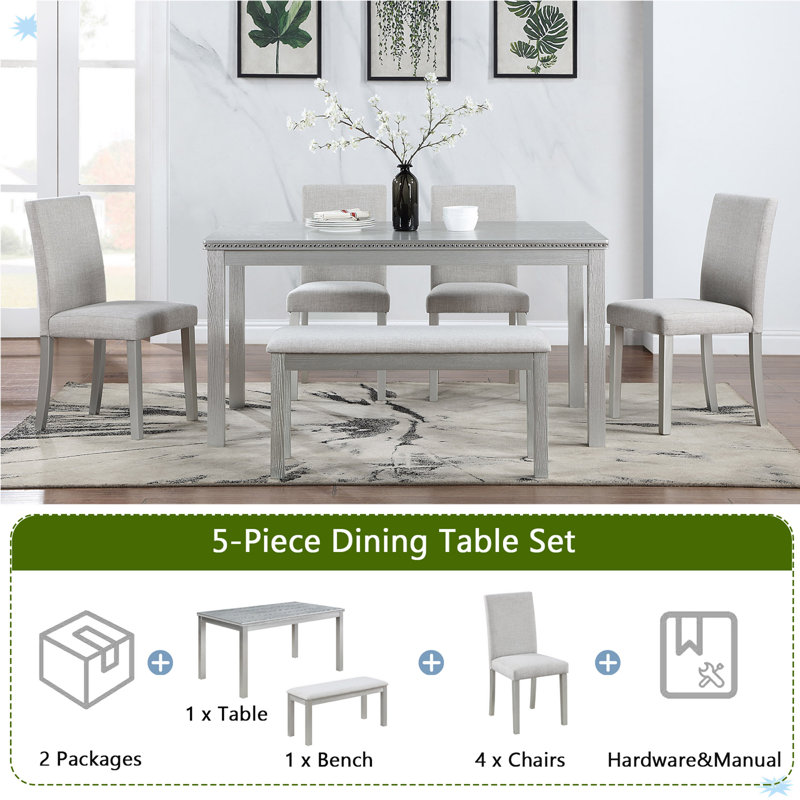 Wooden Dining Rectangular Table With Bench, Kitchen Table With Bench For Small Space, Silver Grey, Silver Grey