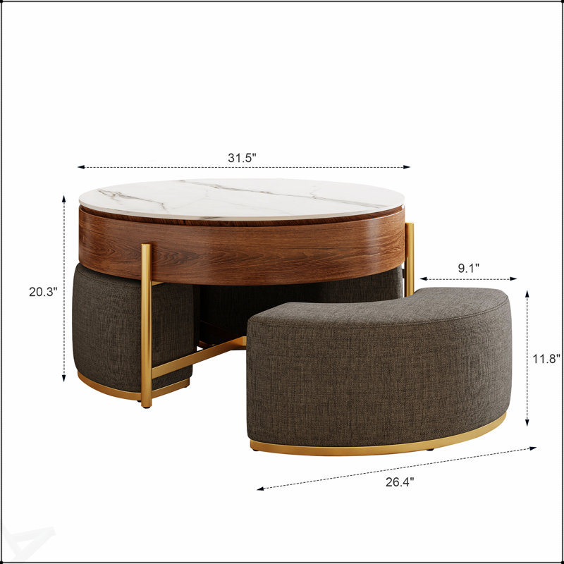 Table basse moderne à plateau relevable avec rangement caché, placage en noyer et plateau en pierre frittée, 3 repose-pieds gigognes rembourrés, conception peu encombrante, entièrement assemblée
