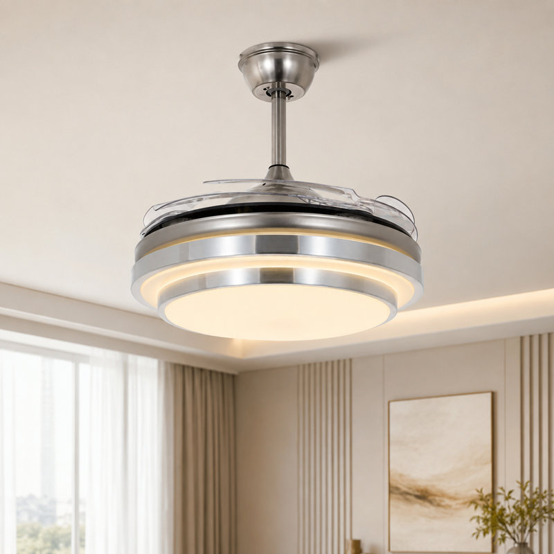 Ventilateur de plafond 42 po rétractable argenté avec lumière et télécommande, Fandelier moderne à 6 vitesses avec pales transparentes et 3 couleurs DEL
