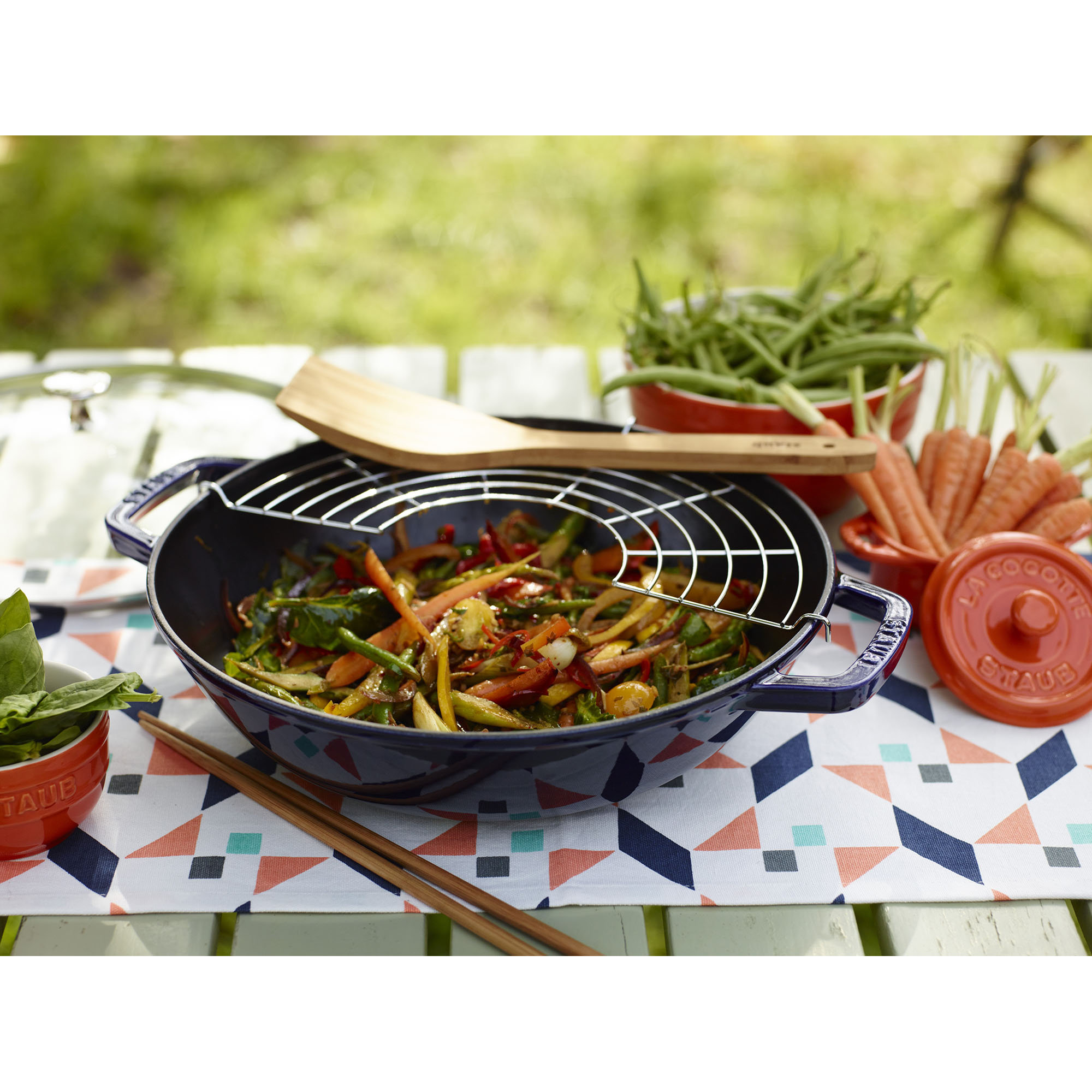 Staub Cast Iron Perfect Pan with Glass Lid, Wok, Dutch Oven, 4.5-Quart, Serves 4-5, Dark Blue