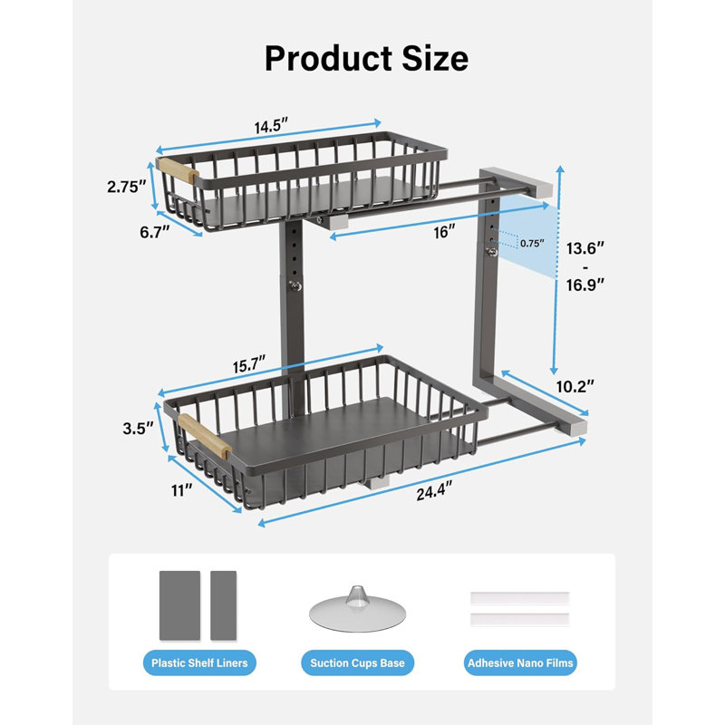 Under Sink Organizer, 2 Tier Under Sink Organizers And Storage Sliding 2 Tier Rack Metal Organization Under Counter Kitchen Bathroom