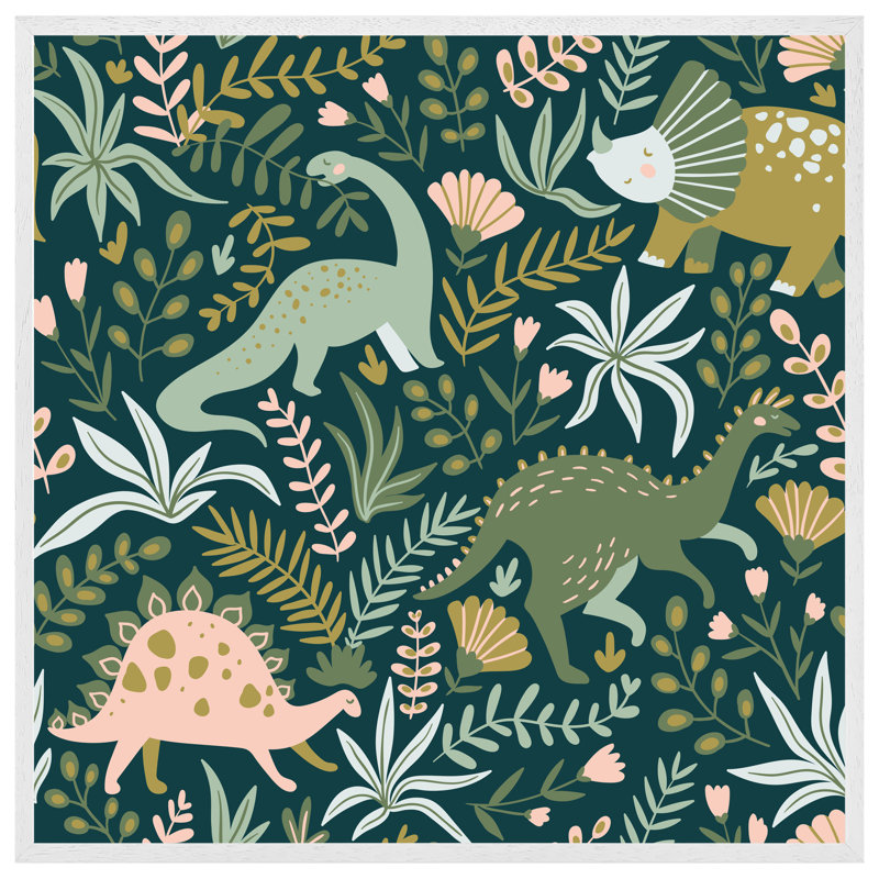 Hiddenite Hand Drawn Dinosaurs And Tropical Leaves And Flowers. - Single Picture Frame Print, 31cm H x 31cm W x 4cm D