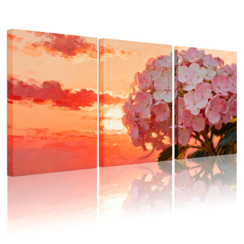 Hortensia coucher de soleil ciel fleurs roses, ensemble de 3 impressions sur toile, H 30 po x l 60 po