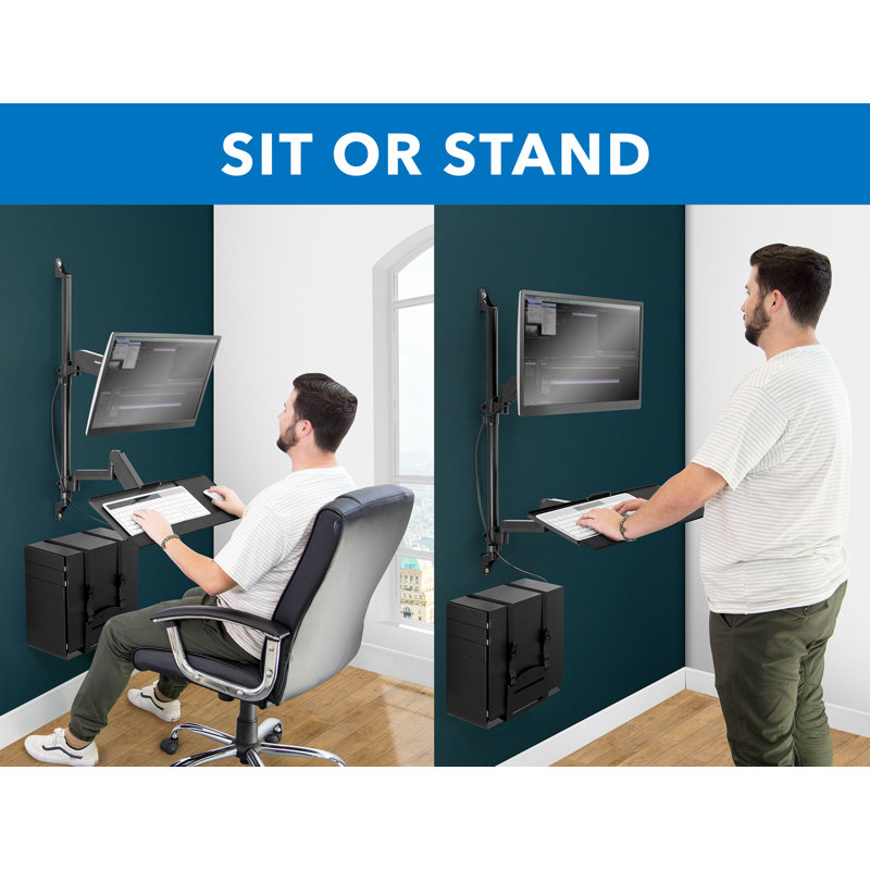 Mount-It Full Motion Wall Mount Workstation with Keyboard Tray and CPU Holder | Fits 32 in. Screens