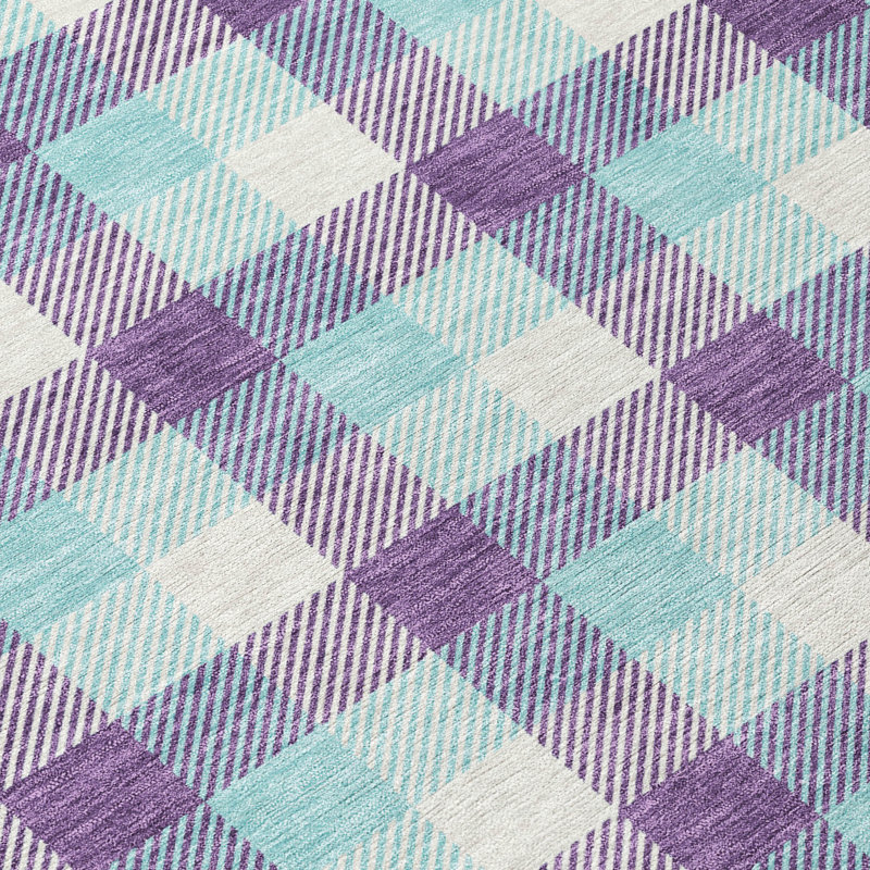 Purple and Aqua Plaid Washable Synthetic Area Rug