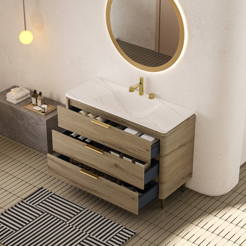 Meuble-lavabo autoportant de 48 po avec armoire en contreplaqué à 3 tiroirs, lavabo intégré en pierre frittée blanche, finition chêne, installation facile, lavabo automatique à DEL de 48 po, tiroirs de rangement, pré-percé