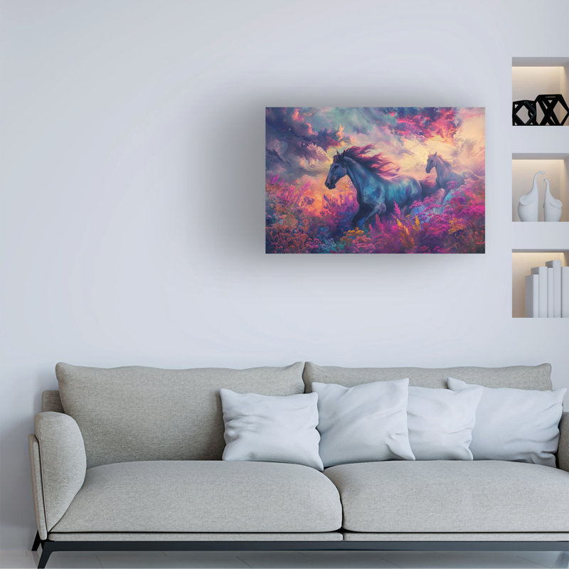 Art mural sur toile tendue - Art mural «Wild Horses Rainbow Field» par Imagine It Images pour le salon, la chambre à coucher ou le bureau - 12 x 19