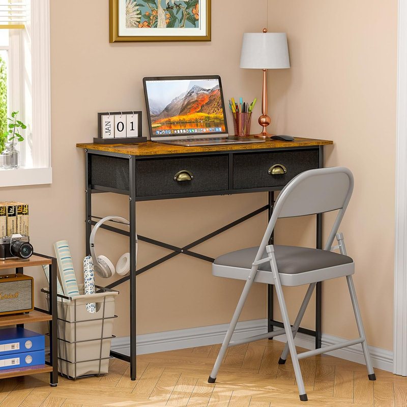 Small Writing Desk For Kids Bedroom, 31.5 Inch Computer Desk For Small Spaces, Simple Desk With 2 Fabric Drawers For Home Office, Dorm, Living Room, Home Study Table, Rustic Brown