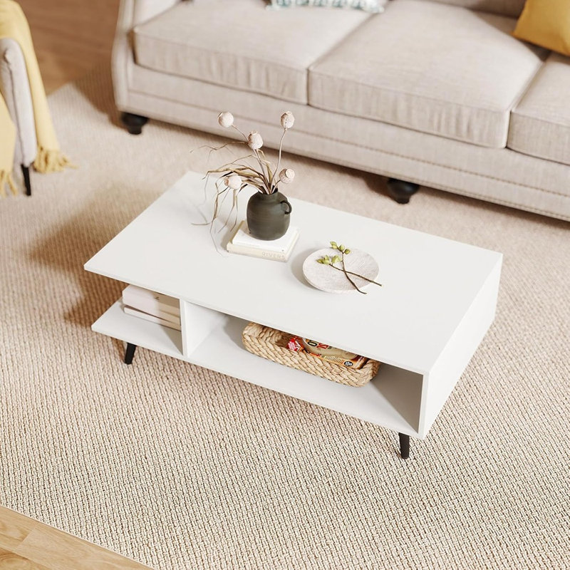 Table basse, table de bout Mid-Century moderne à 2 niveaux avec 2 compartiments de rangement ouverts et pieds en métal, table d'appoint rectangulaire pour le salon ou le bureau personnel