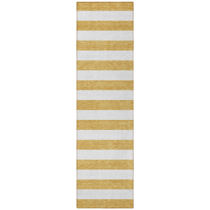 8' Runner Gold Striped Washable Non Skid Indoor Outdoor Runner Rug
