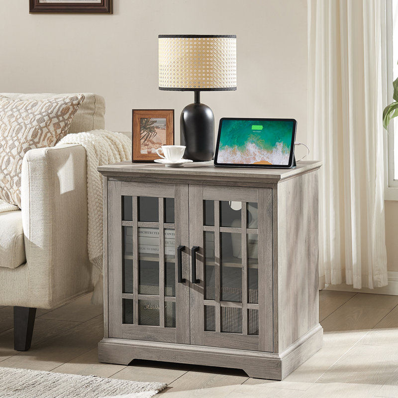 Farmhouse Square End Table with Charging Station&Adjustable Storage Shelf, Gray Wood, Grey