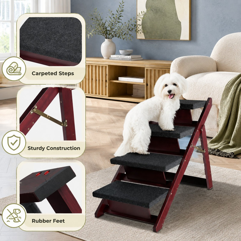 Escalier pliable en bois à 4 marches pour animaux de compagnie, idéal pour les lits hauts, les canapés et les voitures ; marches antidérapantes pour chiens et chats de petite, moyenne et grande taille, aucun assemblage requis.