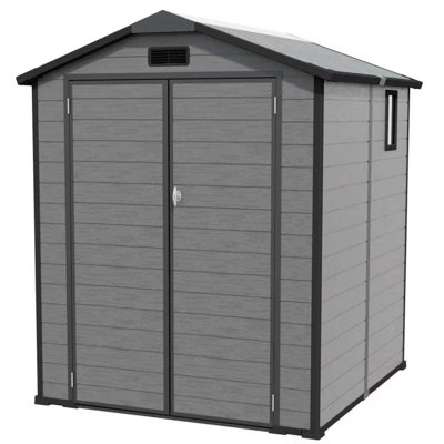 Abri de jardin verrouillable en plastique gris foncé avec fenêtre et plancher, 1,8 x 1,8 m, idéal pour ranger vos articles de jardin. Construction robuste avec panneaux renforcés de métal et aérations.