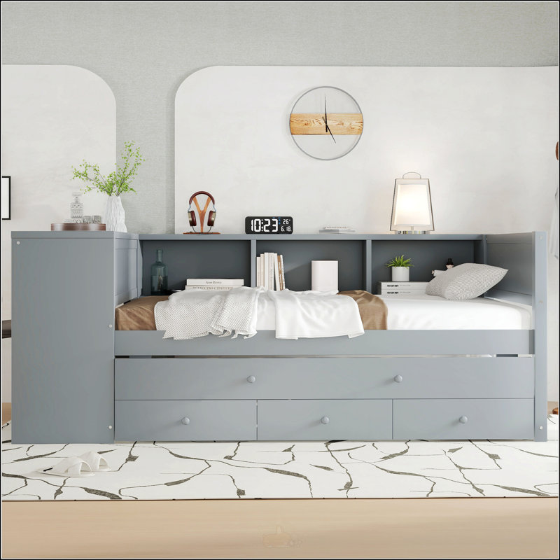 Lit de jour simple avec lit gigogne, Gris, Lit simple