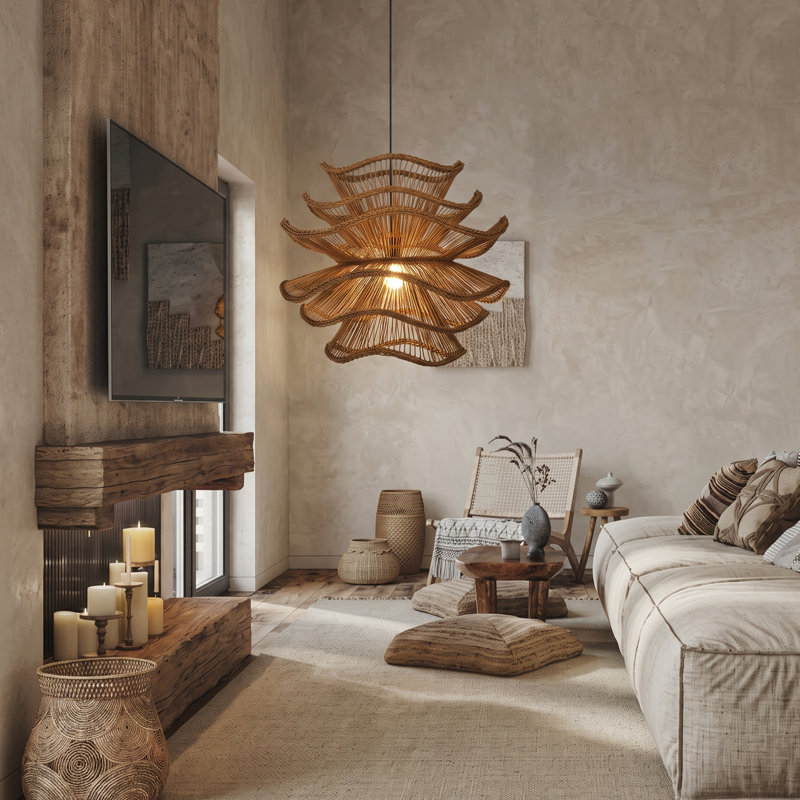 Luminaire suspendu 1 lumière fleur de rotin brun, H 23,62 po x l 23,62 po x P 23,62 po