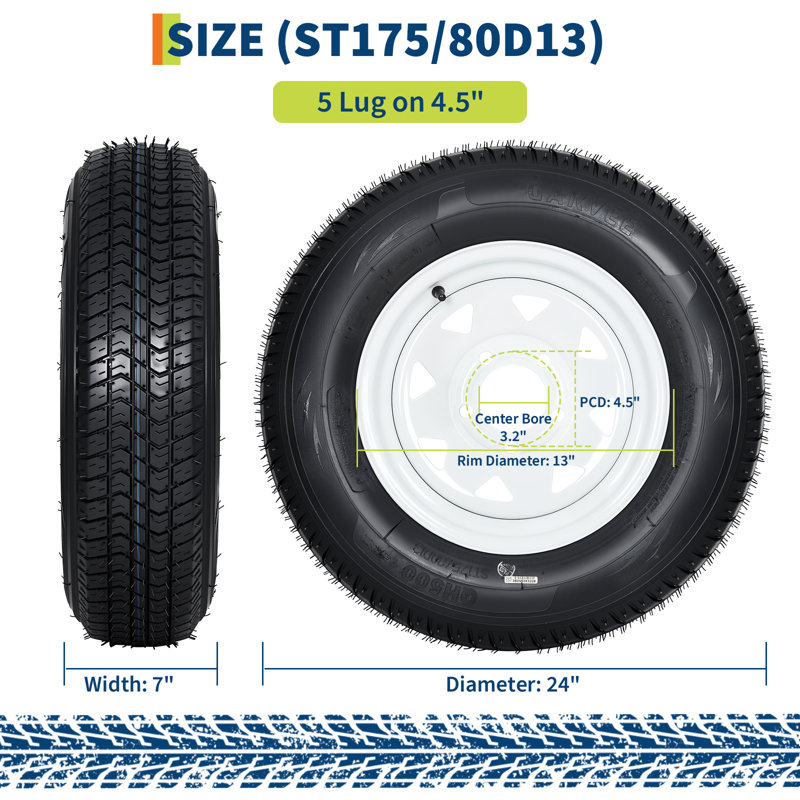 Ensemble de 2 pneus et roues pour remorque - ST175/80D13 à carcasse diagonale, indice de charge C 6PR, 1360 lb - Jante blanche de 13 pouces, 5 sur 4,5 pouces (5x4,5)