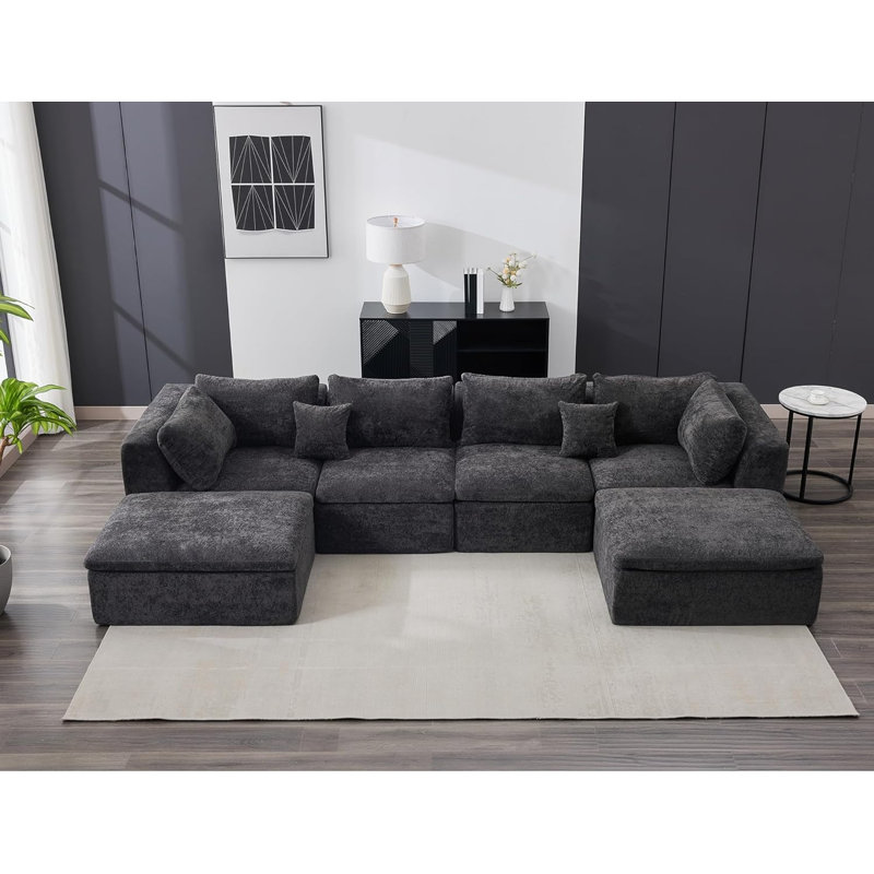 Canapés modulaires, canapé convertible avec repose-pieds, Velours côtelé noir