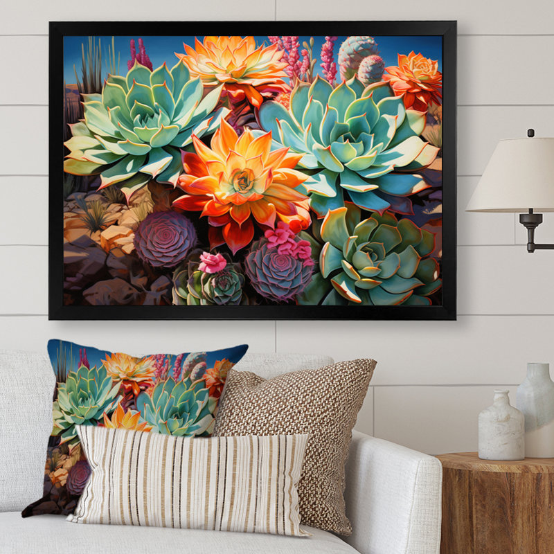 Succulentes vertes, orange, fleurs du désert II, H 30 po x l 40 po x P 1,5 po, Cadre photo noir