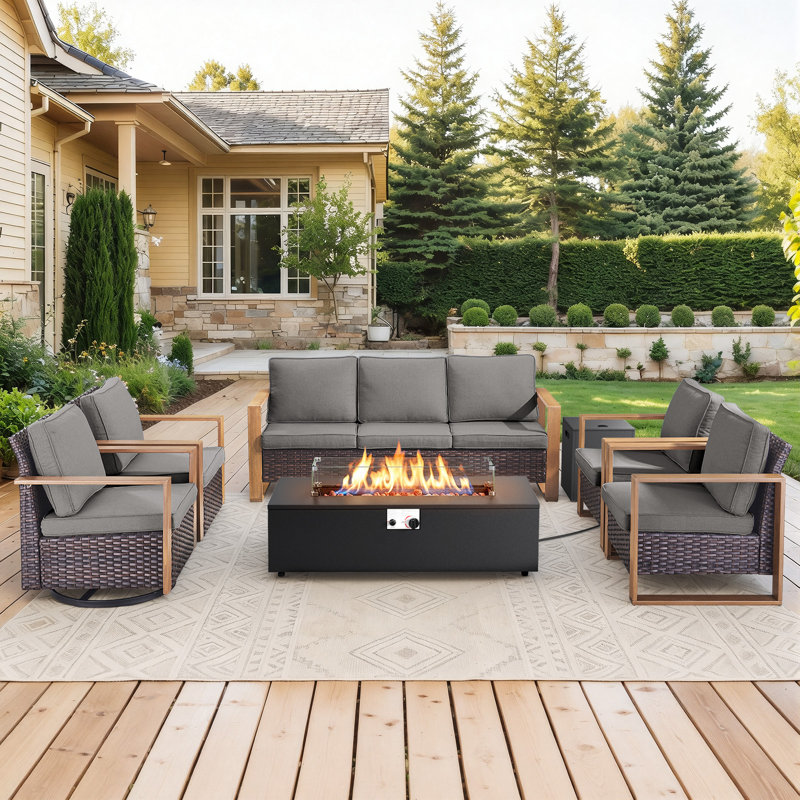 Drazen 7 - Person Patio Furniture Set With Fire Pit Table, All-Weather Wicker Outdoor Conversation Set With Chair And Thick Cushions