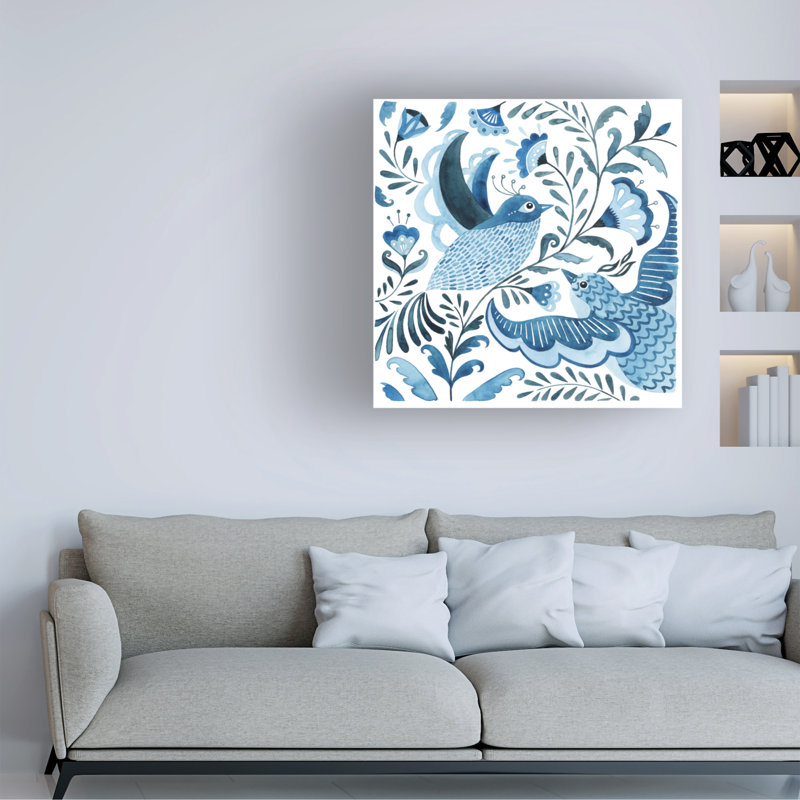 Blue Bird and Floral Canvas Art in White and Blue