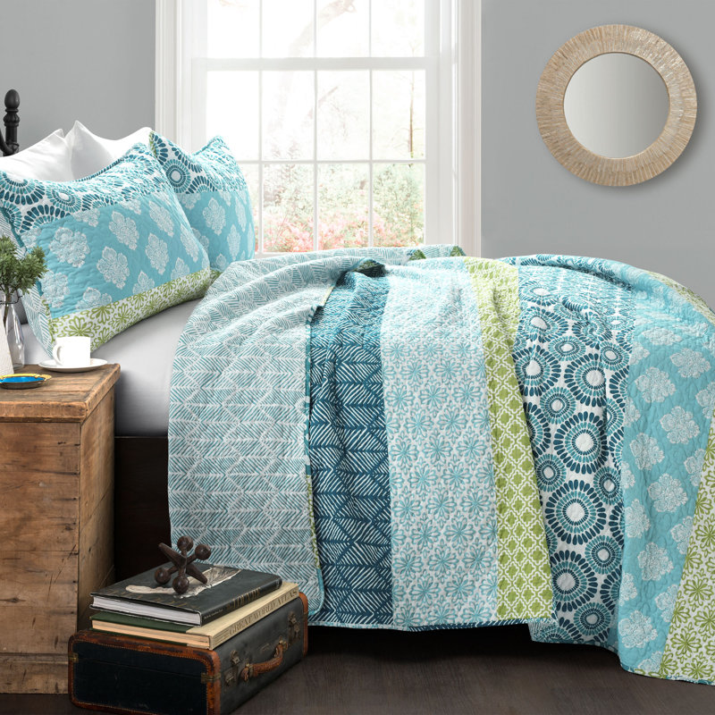 Bohemian 100% Cotton Reversible 3-Piece Quilt Set, Full/Queen Quilt + 2 Standard Shams, Blue/Green Geometric