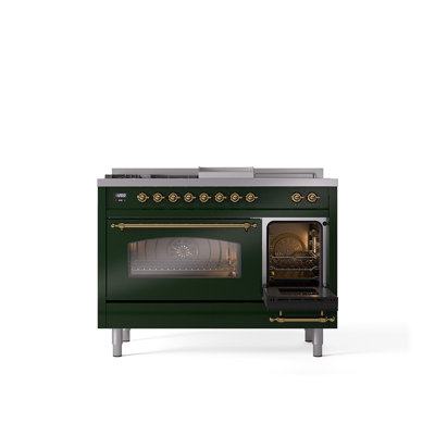 ILVE Nostalgie II Series 48 inch Dual Fuel Range with 5 Sealed Burners, Griddle, Frenchtop (Glass Door)