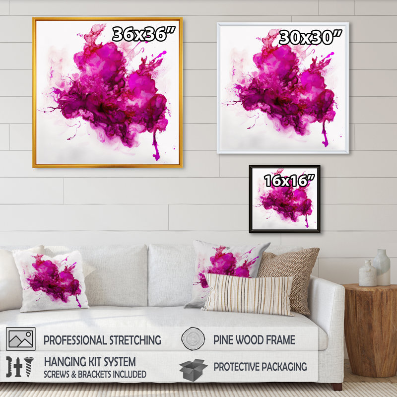 Viva Magenta Secret Wispers III - Art mural abstrait à l'encre liquide pour le salon, H 36 po x l 36 po x P 1,5 po