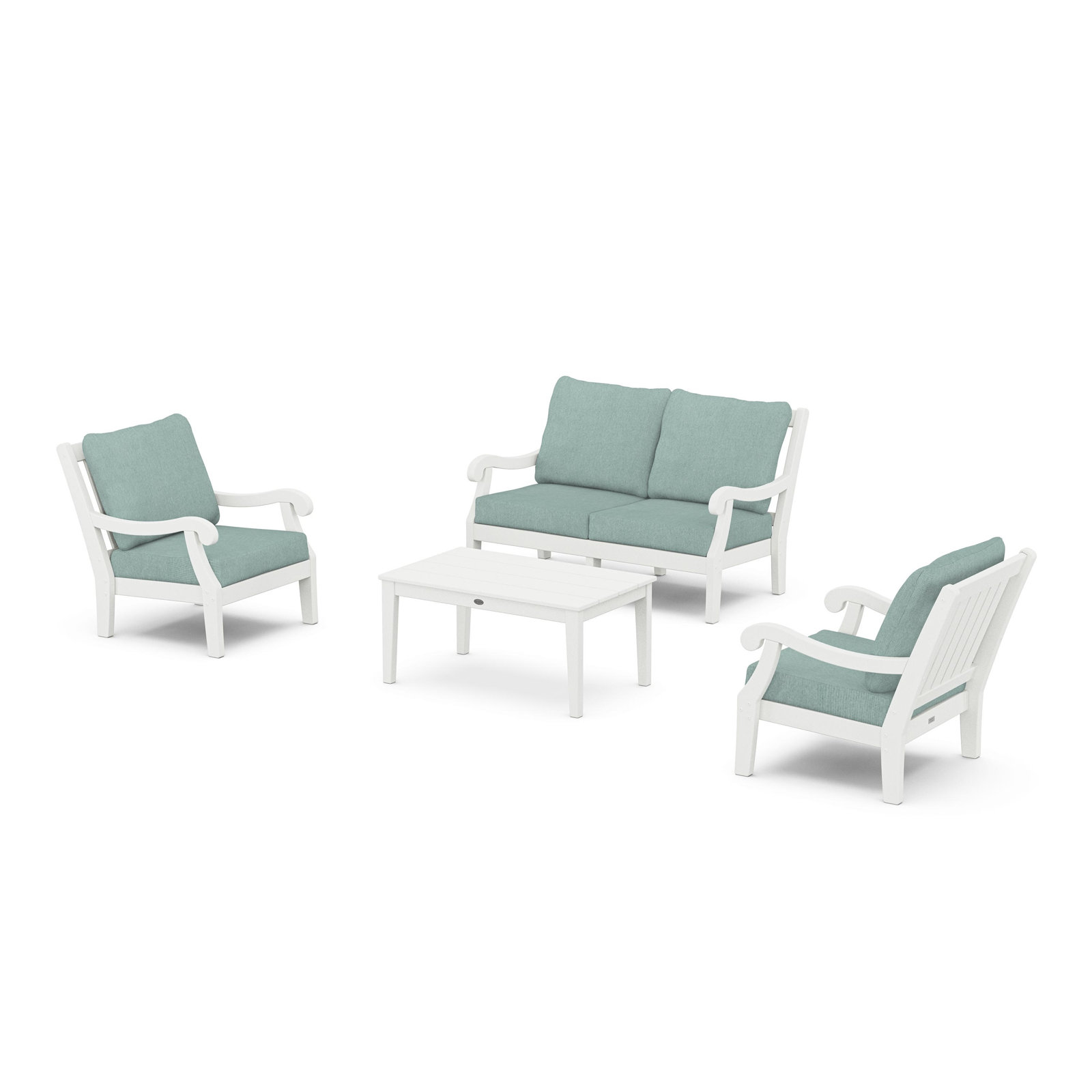 POLYWOOD® Verlyn 4-Person Patio Seating Group, Glacier Spa Cushion/White Frame