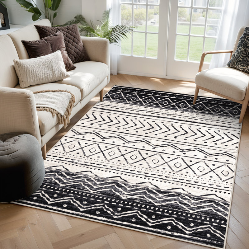 Tapis marocain à rayures Tribal, Noir / Rose, Rectangulaire 4 pi x 6 pi
