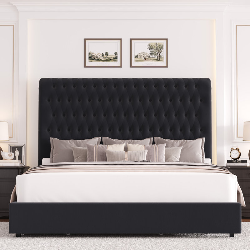 Kanisha Upholstered Storage Bed with Button Tufted Flannel Headboard, 4 Drawers, Black, King