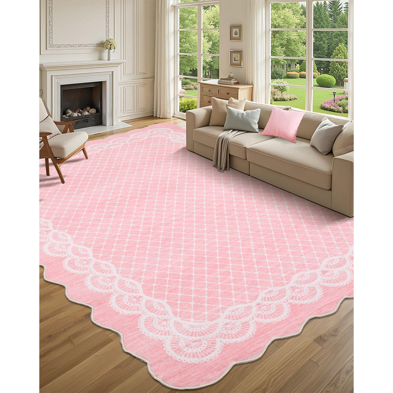 Machine Washable Scalloped Area Rugs Modern Bordered Floor Mats, Non-Slip Contemporary Accent Rug, Non Shedding Soft Low Pile Indoor Carpet for Living Room, Bedroom, Kitchen